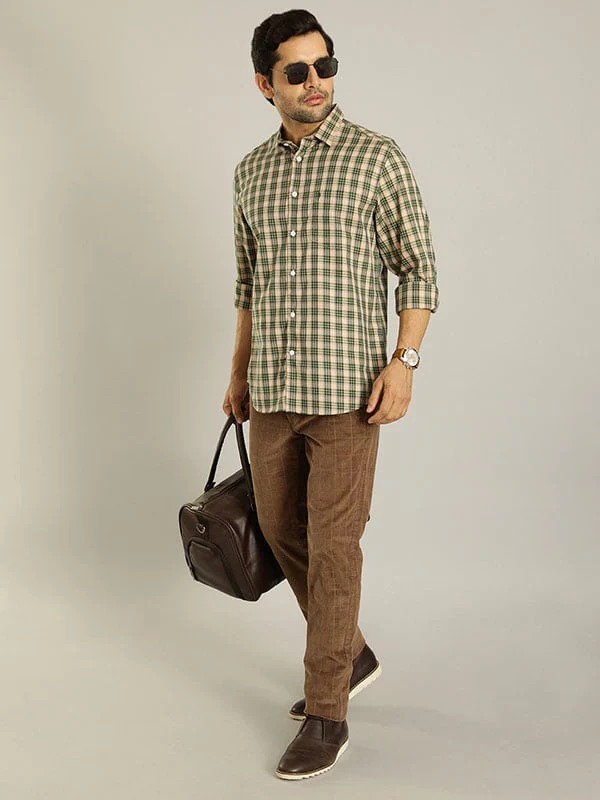 Indian Terrain Men's Slim Fit Checkered Brown Trousers